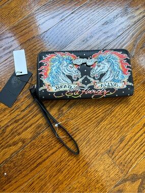 Ed Hardy Black Zip Wallet Wristlet with Multicolor Horse Graphic